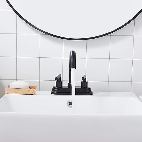 Miniatura 7 de GGStudy - Grifo de baño negro mate con 2 manijas de 4 pulgadas, juego central de tocador de baño con montaje de drenaje y manguera de suministro,