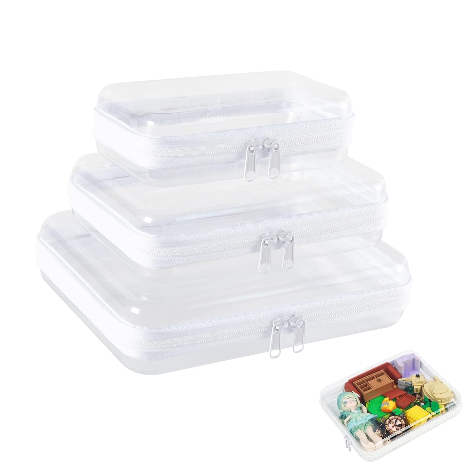 3Pcs Clear Hard Shell Zipper Case, Toy Storage Bags with Double Zippers, Waterproof Cosmetic Toiletry Bag, Clear Travel Toiletries Bag for Board Games Building Blocks Puzzles
