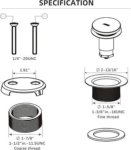 Miniatura 6 de Kit de drenaje de bañera con punta de metal con placa frontal de desbordamiento de dos agujeros y conjunto universal de rosca finagruesa, kit de