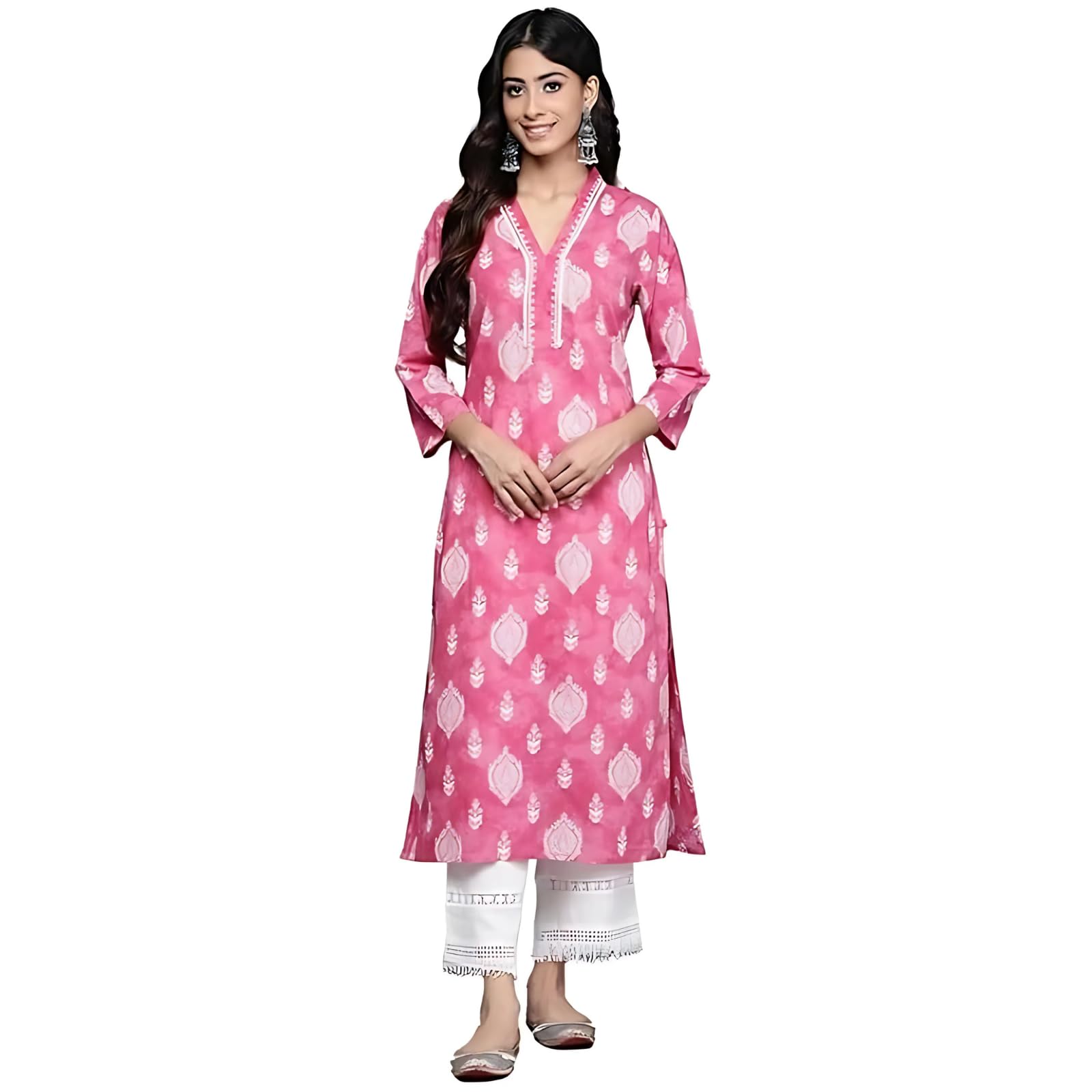 Varanga Women Pink V-Neck Collared Kurta With 3/4Th Sleeves, White Prints & Lace Detailing Around Neck Full Form