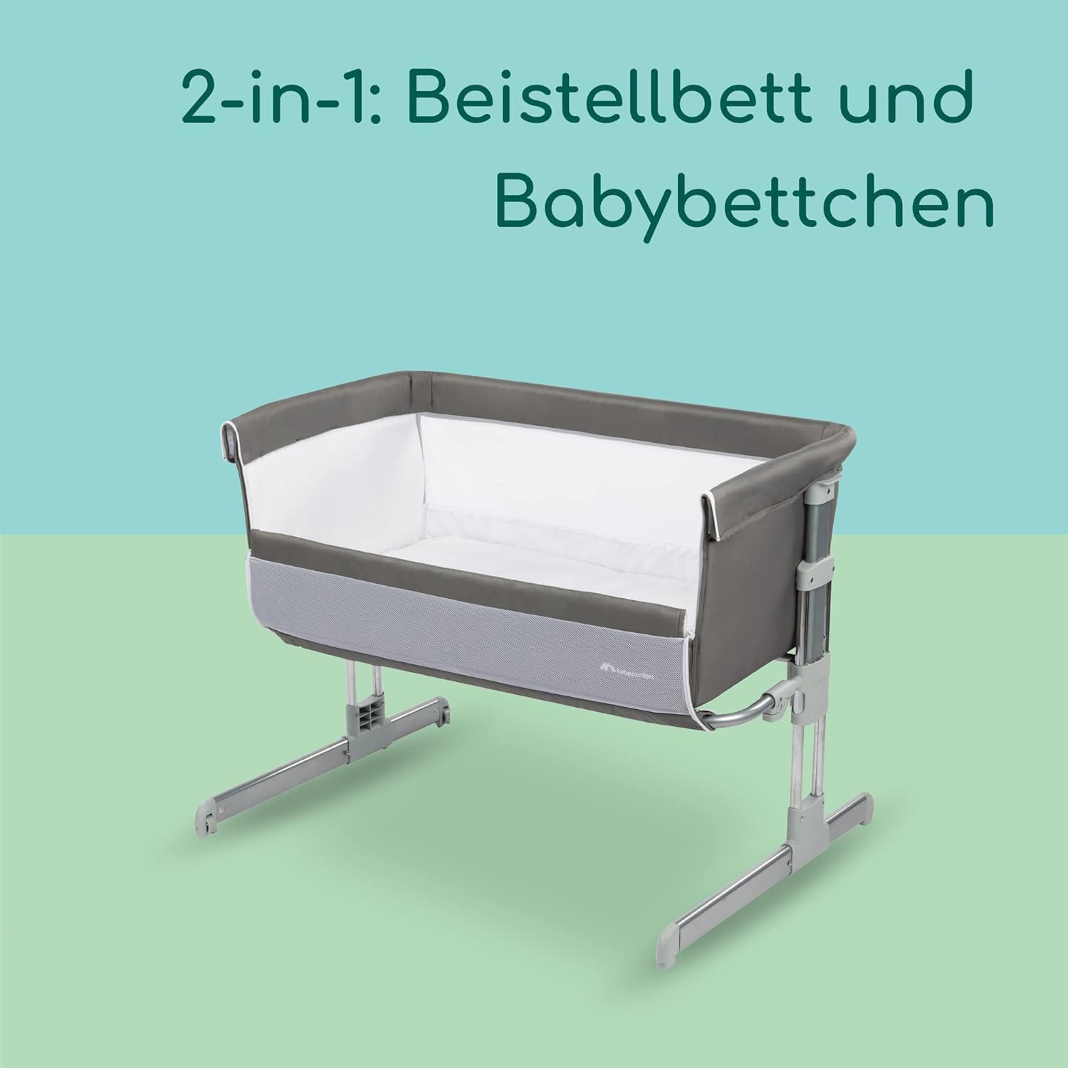 Bebeconfort Calidoo, 2-in-1 Beistellbett Baby & Stubenwagen, 0–6 Monate (0–9 kg), verstellbarer Co-Sleeper, 5 Höhen, große gepolsterte Matratze, Seiten aus Netz, faltbare Seite, Grey Mist