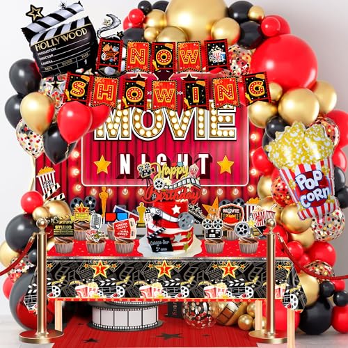 Movie Night Party Decorations, 84 Pcs Movie Night Party Supplies - Balloons Backdrop Tablecloth Banner etc Movie Theater Decorations