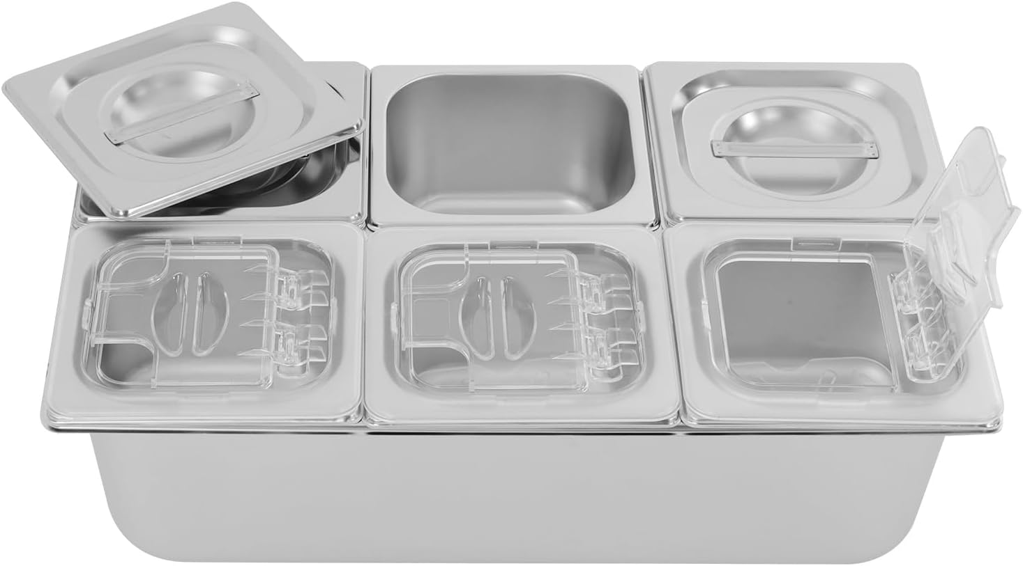 6 Compartment Fruit Pan, Stainless Steel 6 Pan Condiment Serving Container with Acrylic Lids for Fruits Spices Condiments Snacks Sauces
