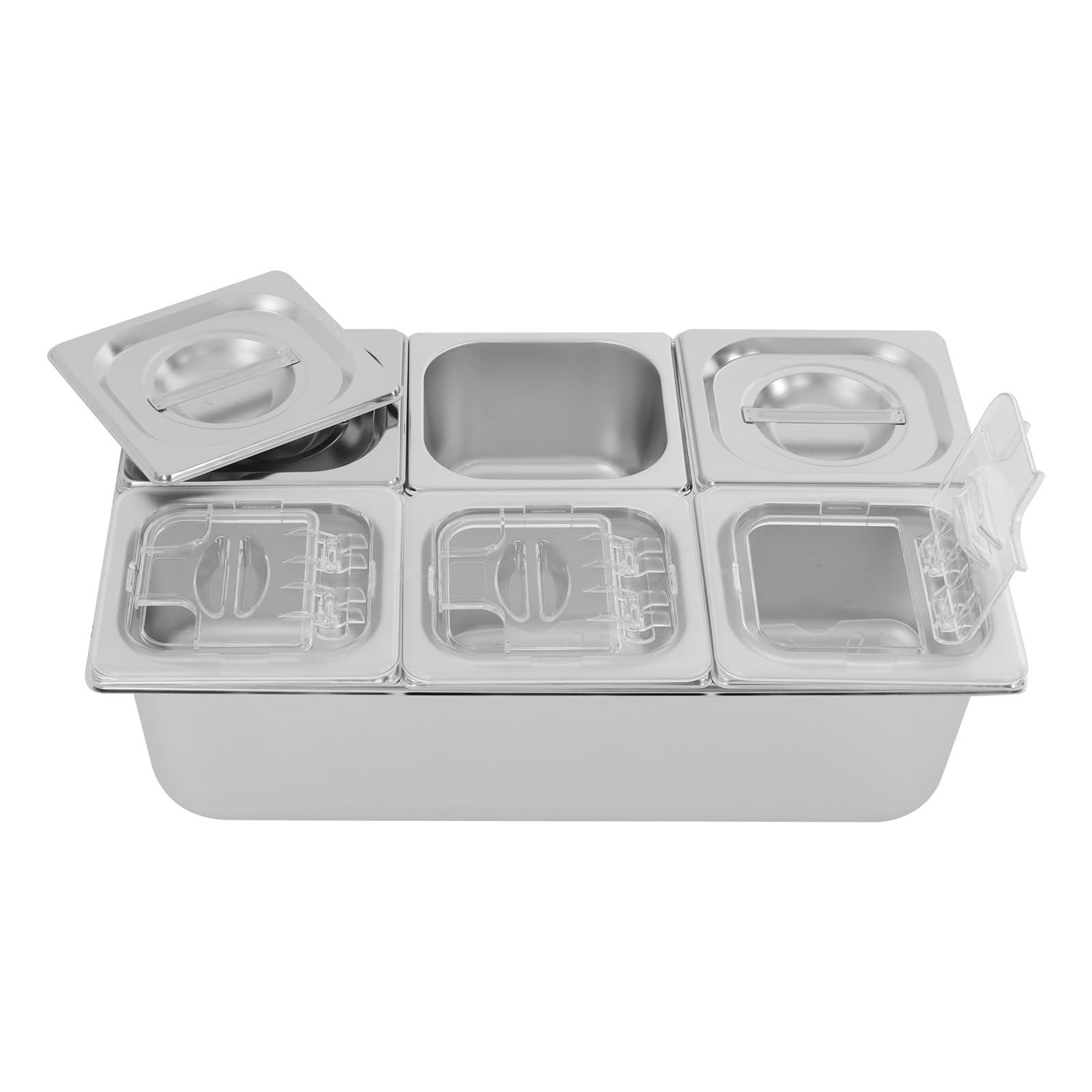 Countertop Ice Food Serving Display Container 6 Pans Cooled Condiment Dispenser Salad Dressing Spice Food Display Rack with Acrylic Lids and