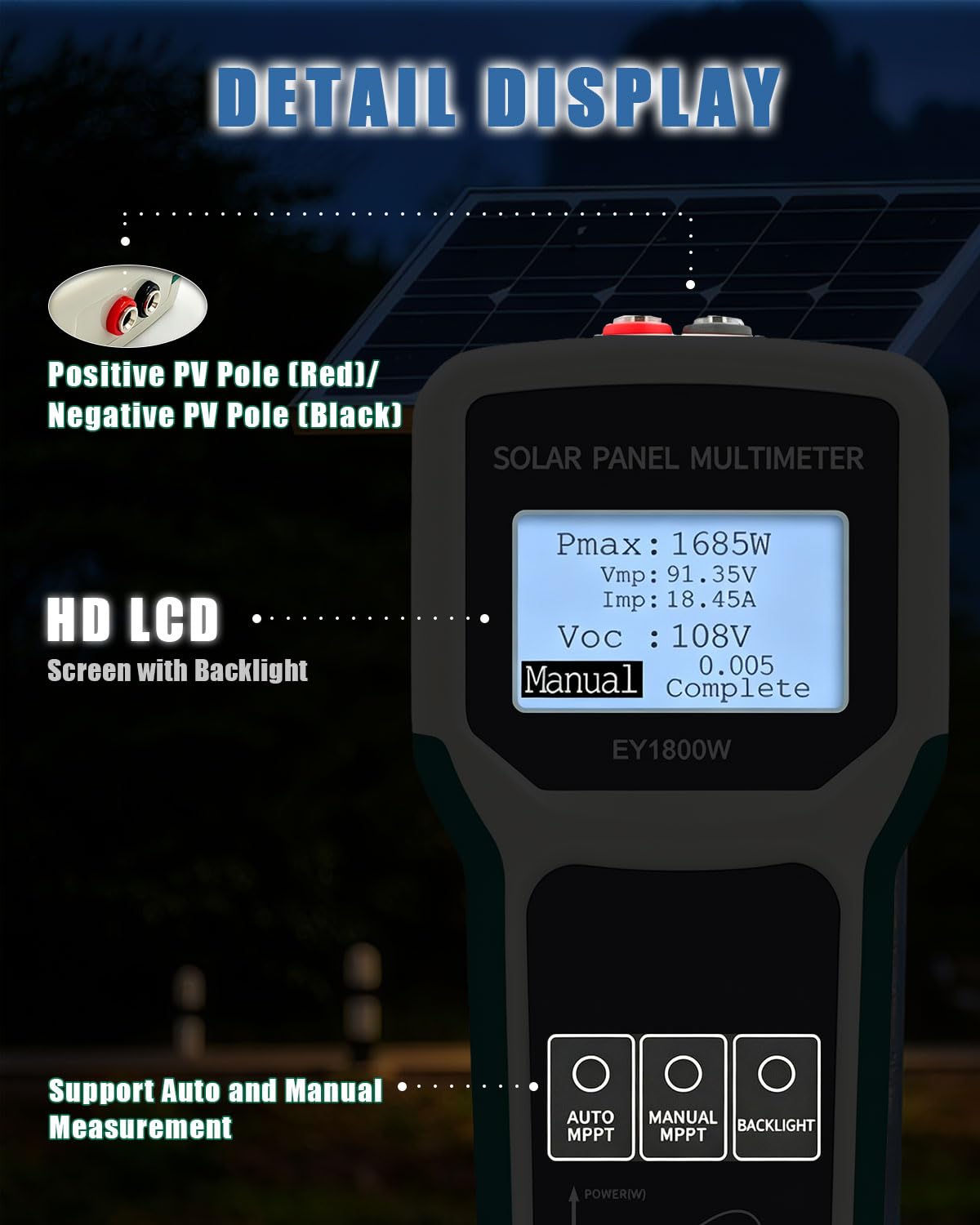 Fotowoltaiczny tester paneli słonecznych, 1800 W, panel słoneczny MPPT multimetr XFDE-T9-EY1800W