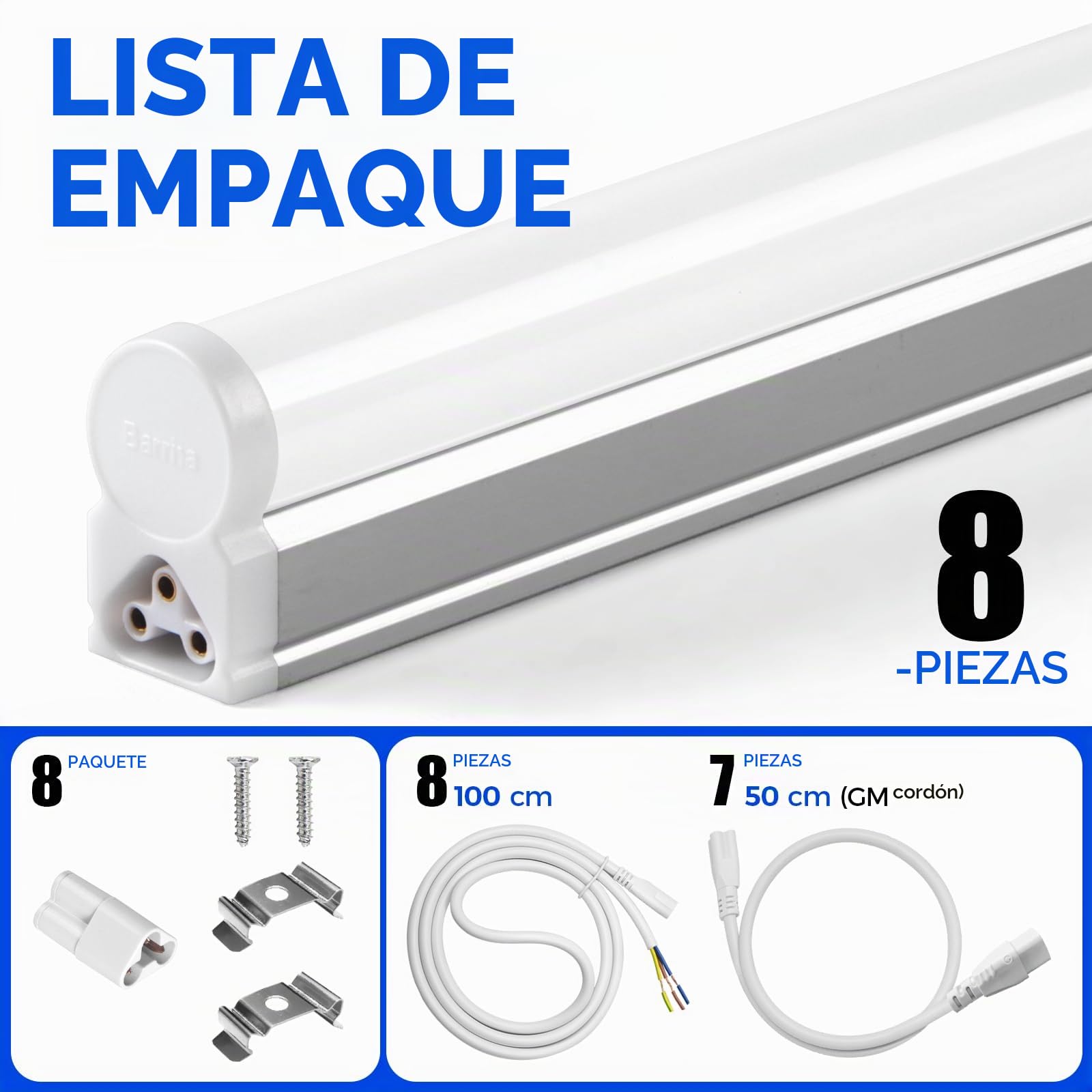 Barrina Luz LED de listón de 4 pies, 8 paquetes, luces de tubo LED T5, 2200 lm, 6500 K, blanco superbrillante, 20 W, iluminación de taller montada en superficie de techo, cableado | Luces LED para garaje de pared y techo, color blanco superbrillante