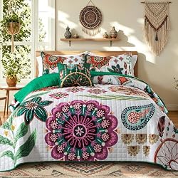 BEDIFANY Velvet Quilt Set Queen Size, 3 PCs Boho Ethnic Quilt Bedding Set