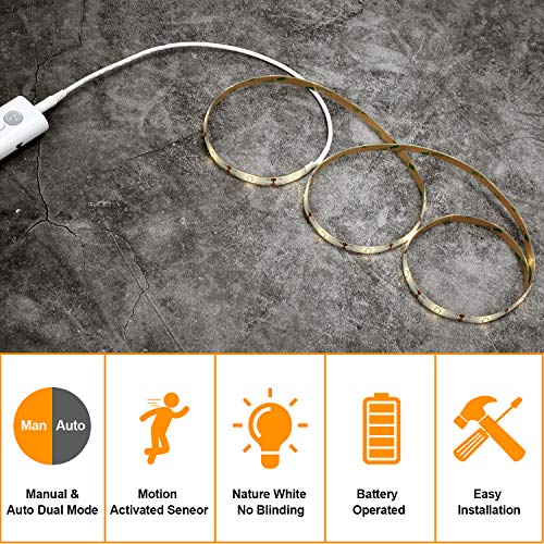 Amagle Led Dual Mode Motion Night Light, Flexible Led Strip With Motion Sensor Closet Light For Bedroom Cabinet, Nature White (4000K) (4 Aaa Batteries Operated, Not Included) #TOP2