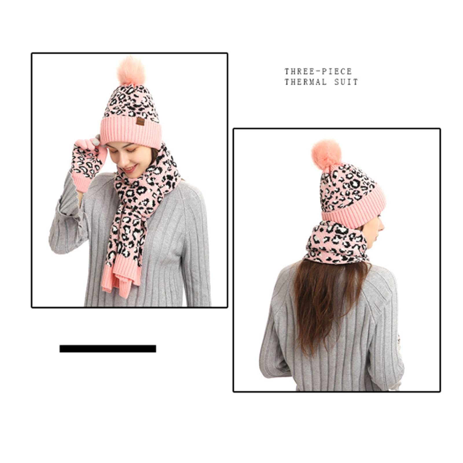 Wygwlg Winter Strickmützen für Damen, Leopard Mütze Schal Handschuh Set 3 Stück Sets, 3 in 1 Winter Kälte Geschenkset (Color : Pink, Size : 36 * 38 * 5cm)
