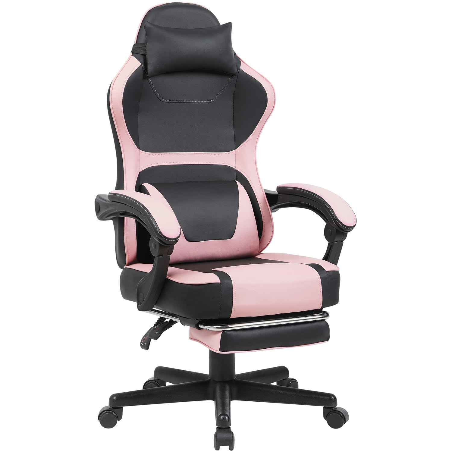 Gaming Stuhl mit Fußstütze, Ergonomischer Bürostuhl mit Verstellbarer Lendenstütze und Kopfstütze, Höhenverstellbarer Drehstuhl mit Wippfunktion, PC Stuhl für Home Office, Büro und Gaming