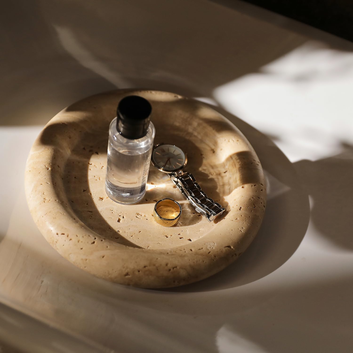 Natural Travertine Jewelry Tray, Marble Jewelry Dish, Trinket Tray for Home Décor, Key Tray For Entryway Table, Ring Holder for Women Gift, Round Vanity Tray