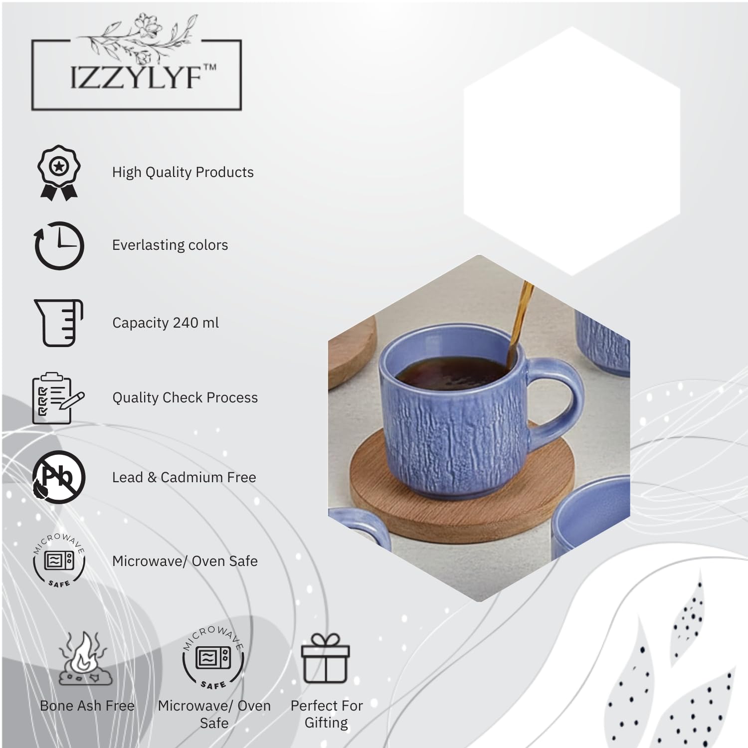 IZZYLYF 'Sky Stone Classic Blue' Ceramic Tea Cups Set of 6, 240 ml Each, Microwave and Dishwasher Safe Tea Coffee Cups with Handle, Ideal for Home, Kitchen, Office, Cafe and Gifting Use 2