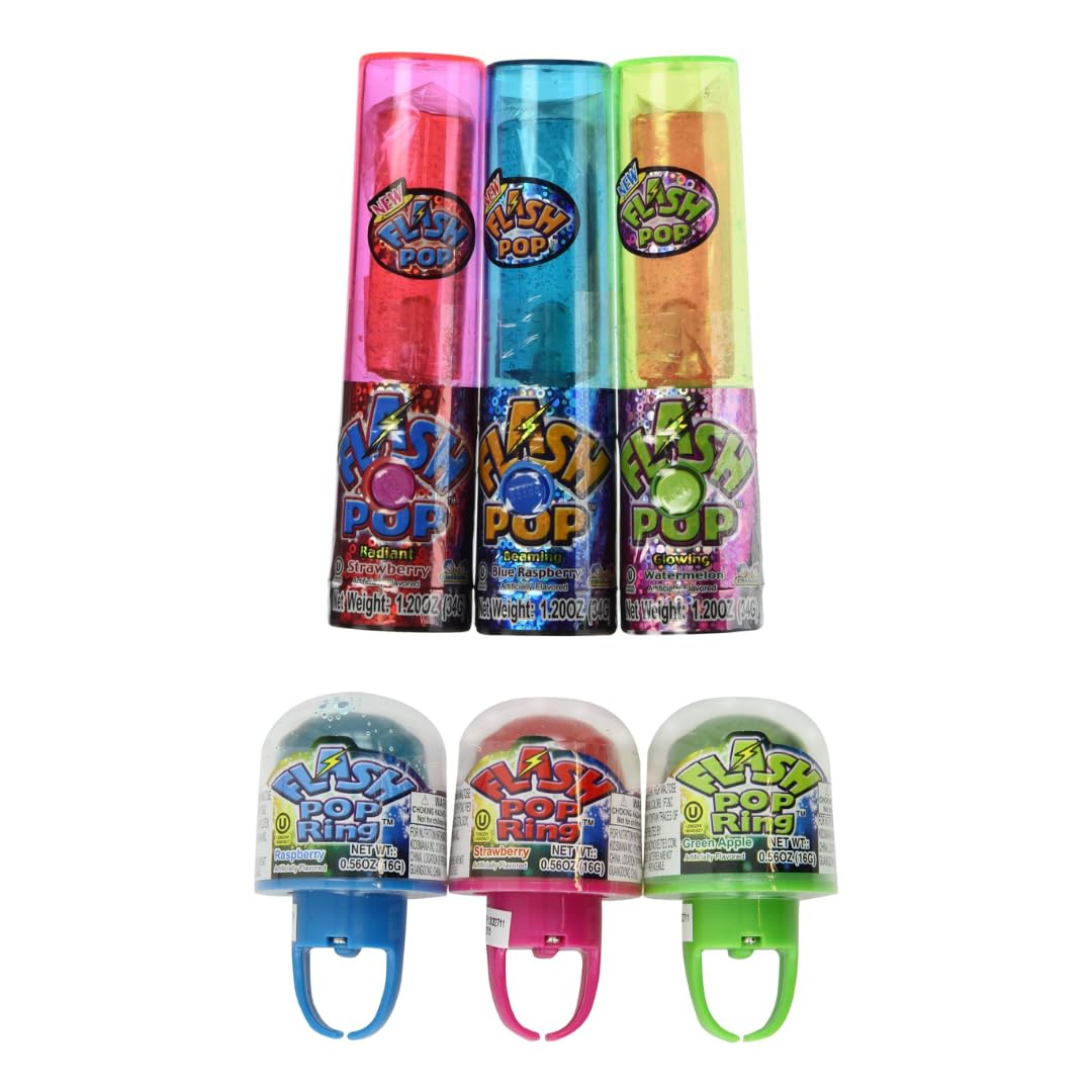 Kidsmania Flash Pop Gift, Flashing Light-Up Push Pop & Rings - Bundle of 6, 3 Push-Up Suckers & 3 Rings (Colors May Vary) By Lyza's Sweets & Treats