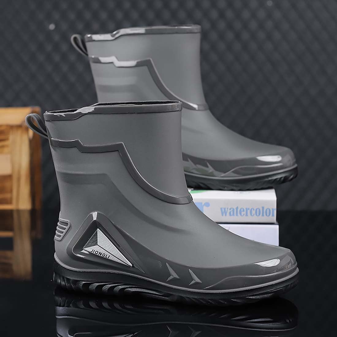 Men’s Rain Boots Waterproof Work Shoes Non Slip PVC Rubber Boots for Outdoor Fishing Gardening with Adjustable Drawstring