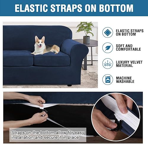 Miniatura 4 de H.VERSAILTEX Paquete de 4 fundas de terciopelo de felpa para sofá, paquete de 3 fundas de terciopelo de felpa, azul marino