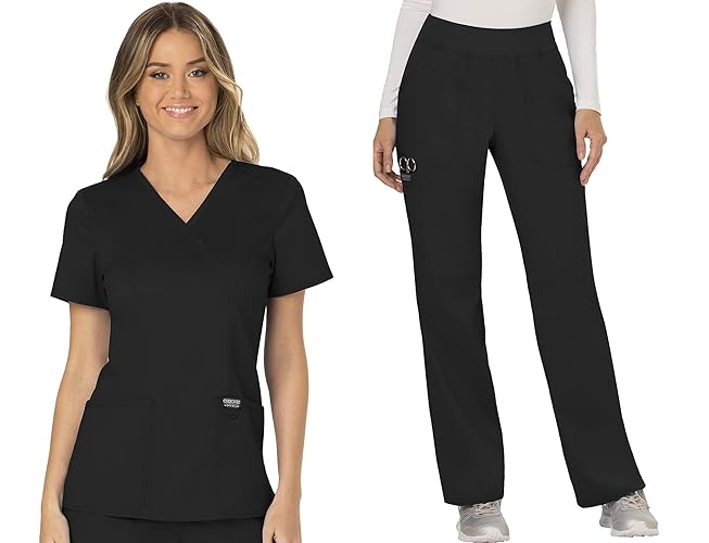 Cherokee Scrub Set For Women, Modern Classic Fit Mock Wrap Top WW610 With Mid Rise, Straight Leg Pant WW110