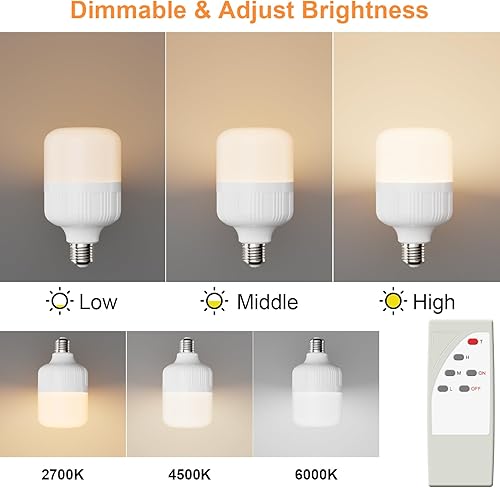 Miniatura 4 de Paquete de 2 bombillas LED recargables de 5500 mAh, 500 lúmenes, 2700 K-6000 K, bombillas regulables con control remoto, puerto de carga USB-C
