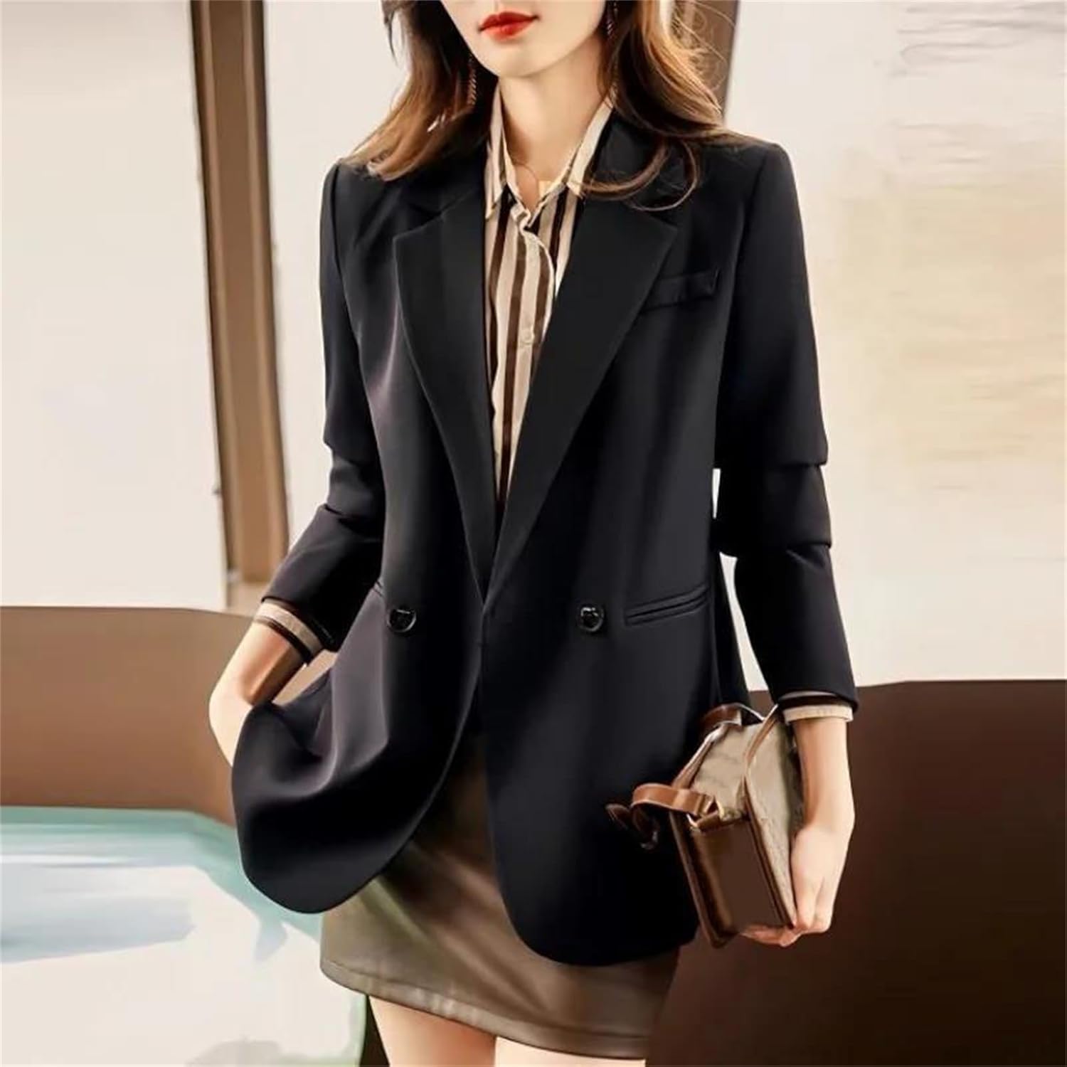 Womens Blazers Korean Style Notched Lapel Long Sleeve Single Breasted Loose Fit Office Lady Suit Jacket Outerwear