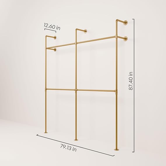 pamo Industrial Clothing Rack Wall Mounted Gold 79 W 87 H, 660 lbs | Heavy Duty Pipe Closet System in Gold Powder Coated Steel, Scratch-Resistant, Double Rod, Easy Assembly