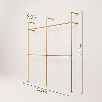 pamo Industrial Clothing Rack Wall Mounted Gold 79 W 87 H, 660 lbs | Heavy Duty Pipe Closet System in Gold Powder Coated Steel, Scratch-Resistant, Double Rod, Easy Assembly