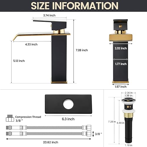 Miniatura 5 de Grifos de baño en cascada de 1 agujero, negro mate y dorado brillante, grifo de lavabo de acero inoxidable sin plomo de un solo orificio con drenaje