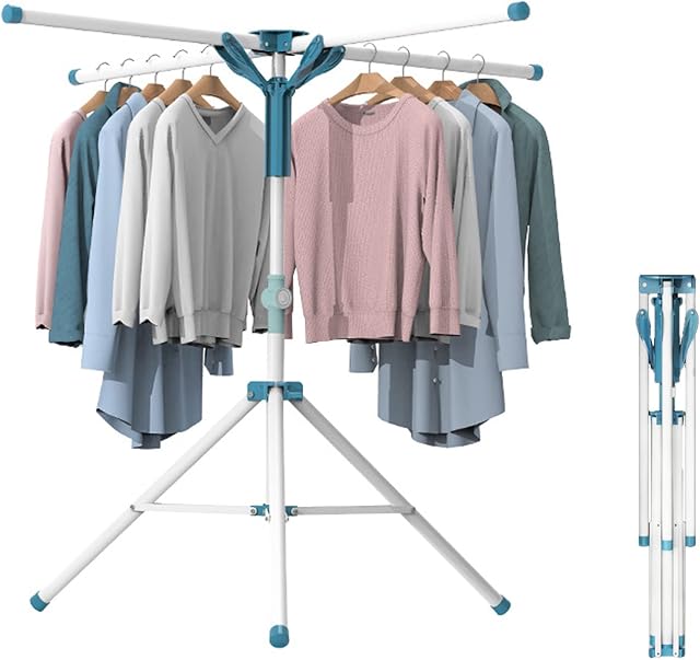Yiomxhi Foldable Clothes Drying Rack, Collapsible Drying Rack Laundry Space Saving Tripod Clothes Airer, Stainless Steel Heavy Duty Garment Rack with 24 Clothespins for Indoor Outdoor