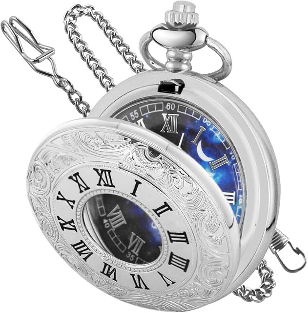 Tiong Pocket Watch Hollow Blue Star Design Roman Numerals Pocket Quartz Watches with Chain Christmas Birthday Gifts for Men Women