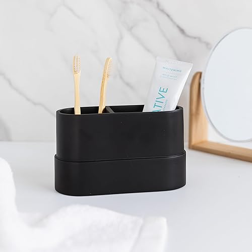 Miniatura 7 de Soporte grande para cepillo de dientes y pasta de dientes negro mate y taza para tocador de baño y encimera, organizador de 2 compartimentos para