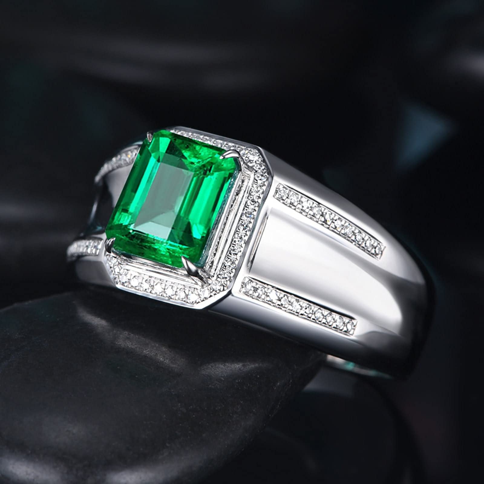 Ring Männer Gold, Ring aus 18 Karat Gold/925 Sterling Silber Einfach Rechteck-Labor Schuf Smaragd 1.5ct