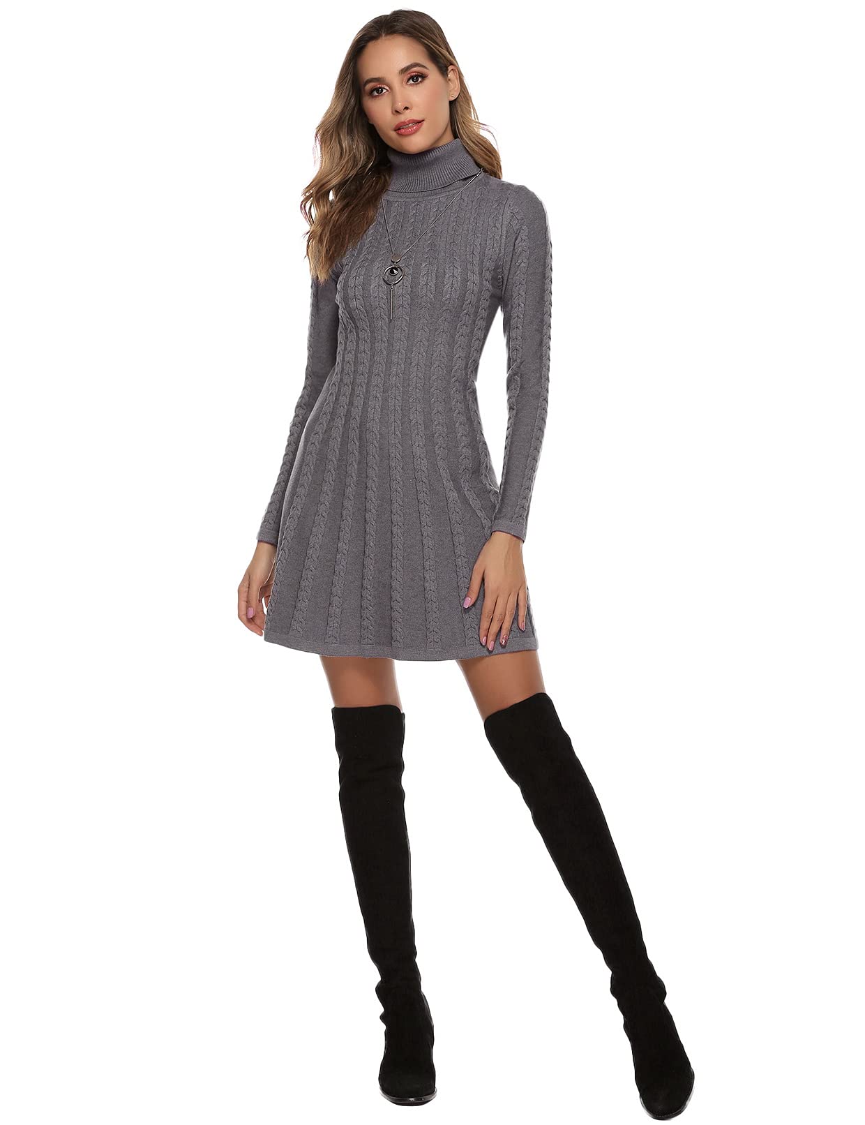 Gyabnw Vestito Casual Donna Invernale in Maglione Abito Vita Alta Elegante in Girocollo di Orlo Svasato Abito Linea A in Maglia al Ginocchio Caldo di Moda Treccia Ritorta