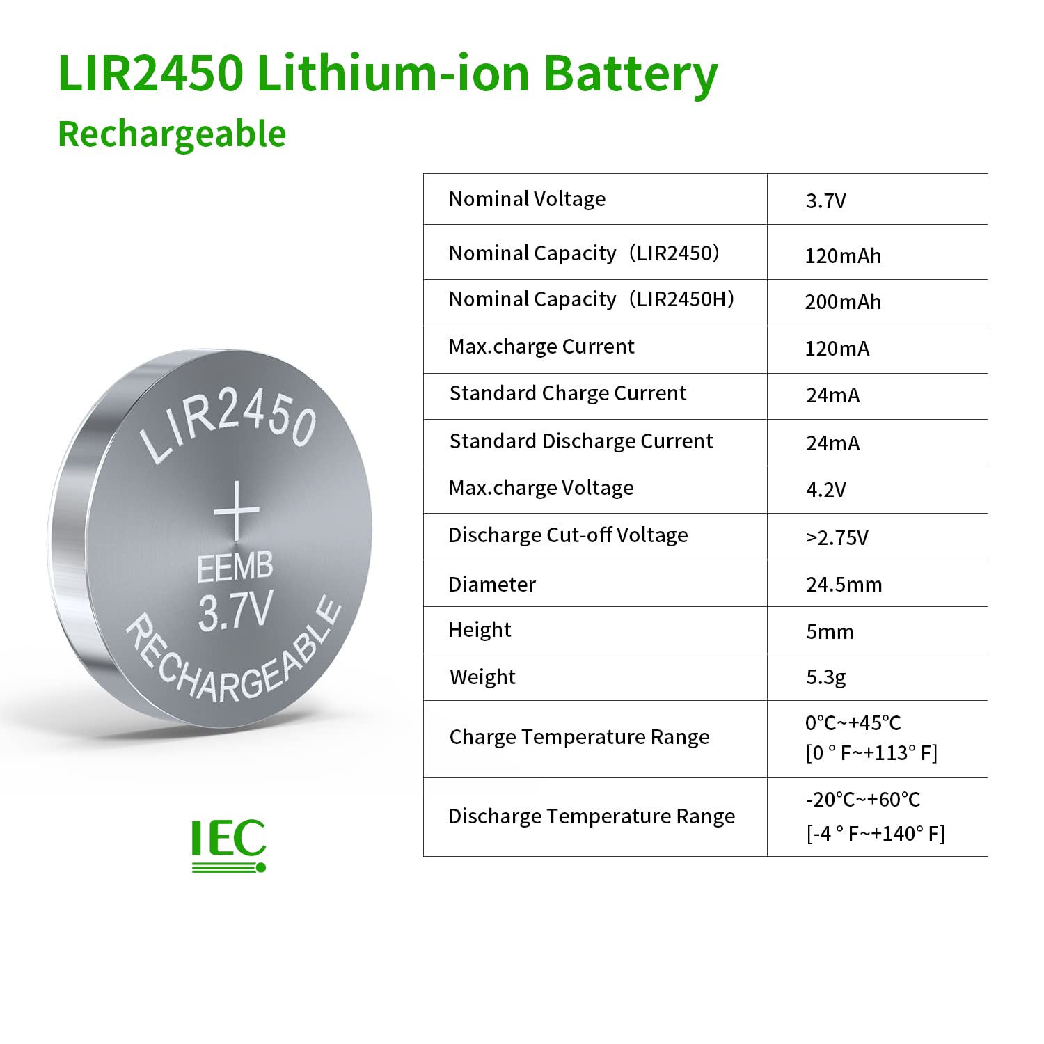 4PCS EEMB LIR2450 Rechargeable Battery 3.7V Lithium-ion Coin Button Cell Batteries 120mAh