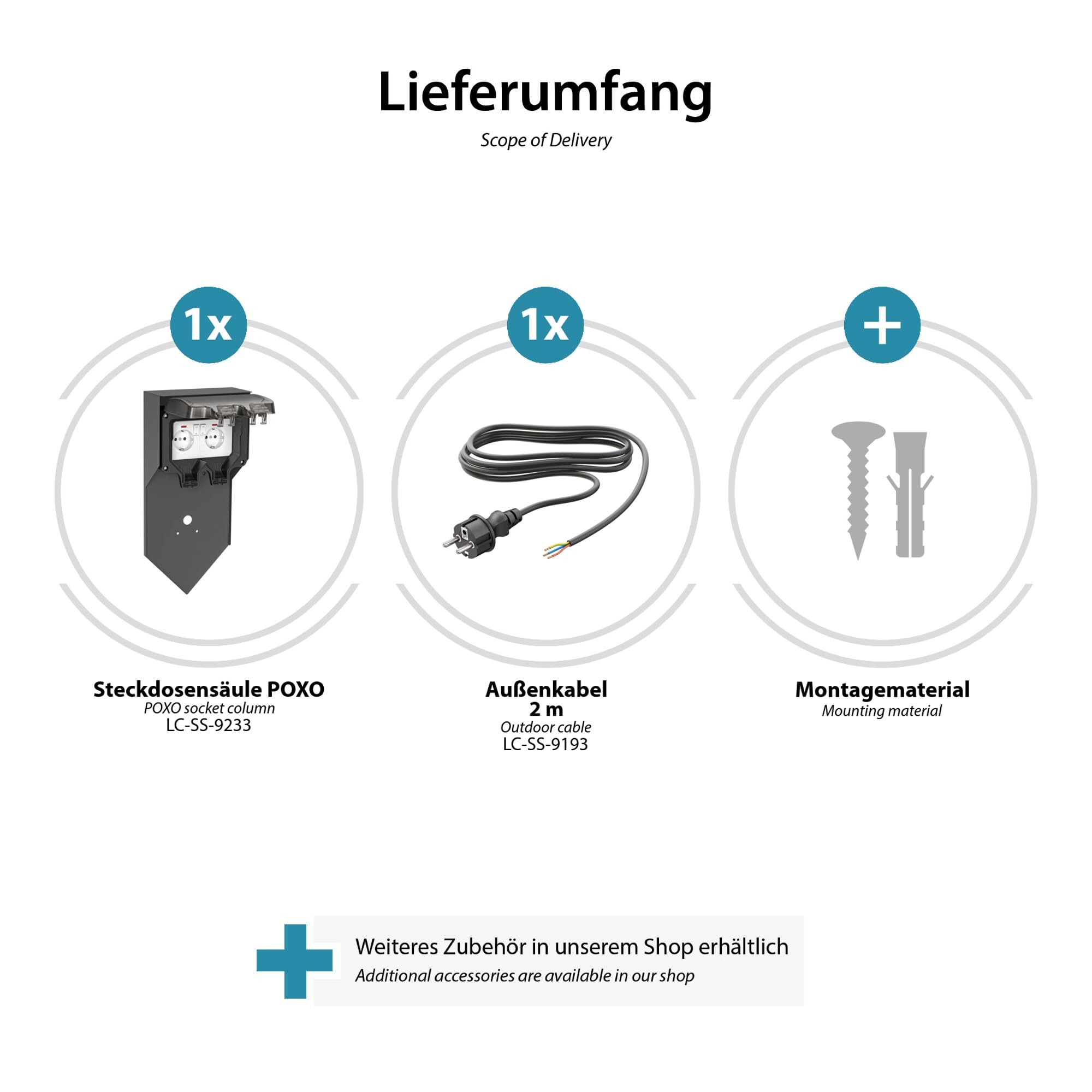 ledscom.de POXO colonna di presa con picchetto di terra e cavo da 2 m per esterni, IP65, 2-gang, antracite/nero, angolare, 40 cm