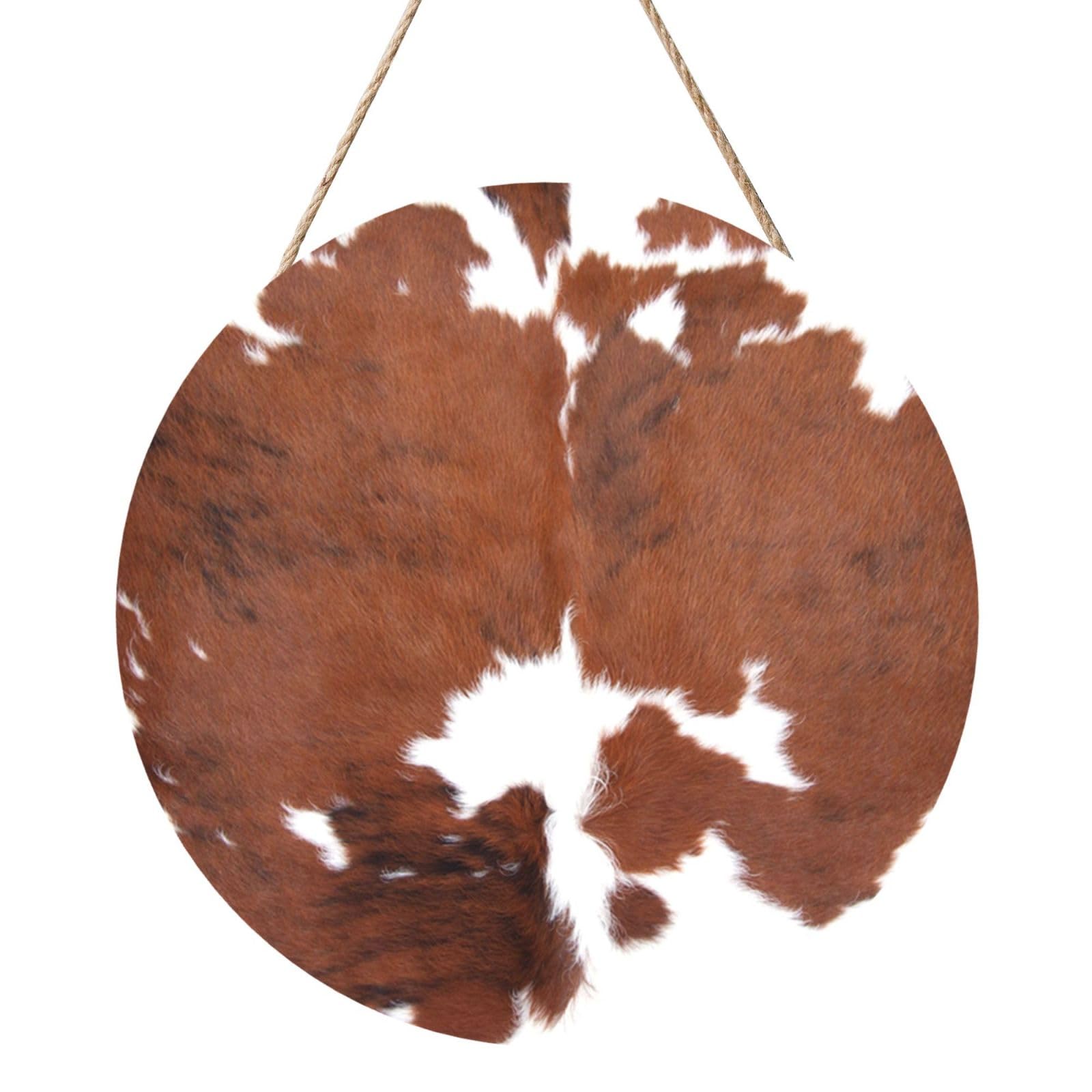 InOmak Animal Brown Cowhide Print Cow, Round Wood Panel Painting 12 in, Wall Hanging Painting For Home