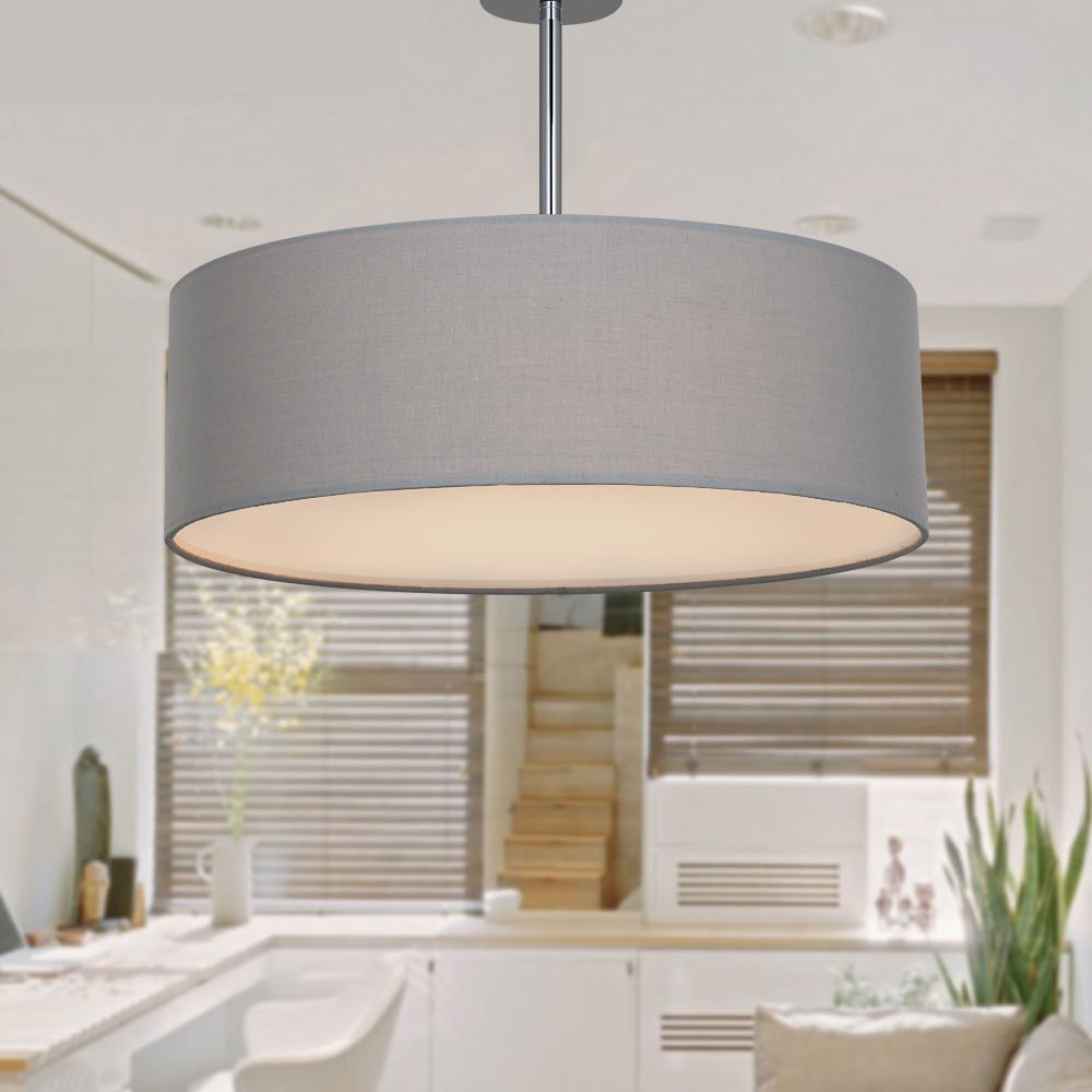 Deckenleuchte, Stoff Deckenlampe, Grau Rund Pendelleuchte für Wohnzimmer Schlafzimmer Küche Esszimmer, Durchmesser 45cm, Chrom matt, Warmweiss 3-flammig E27