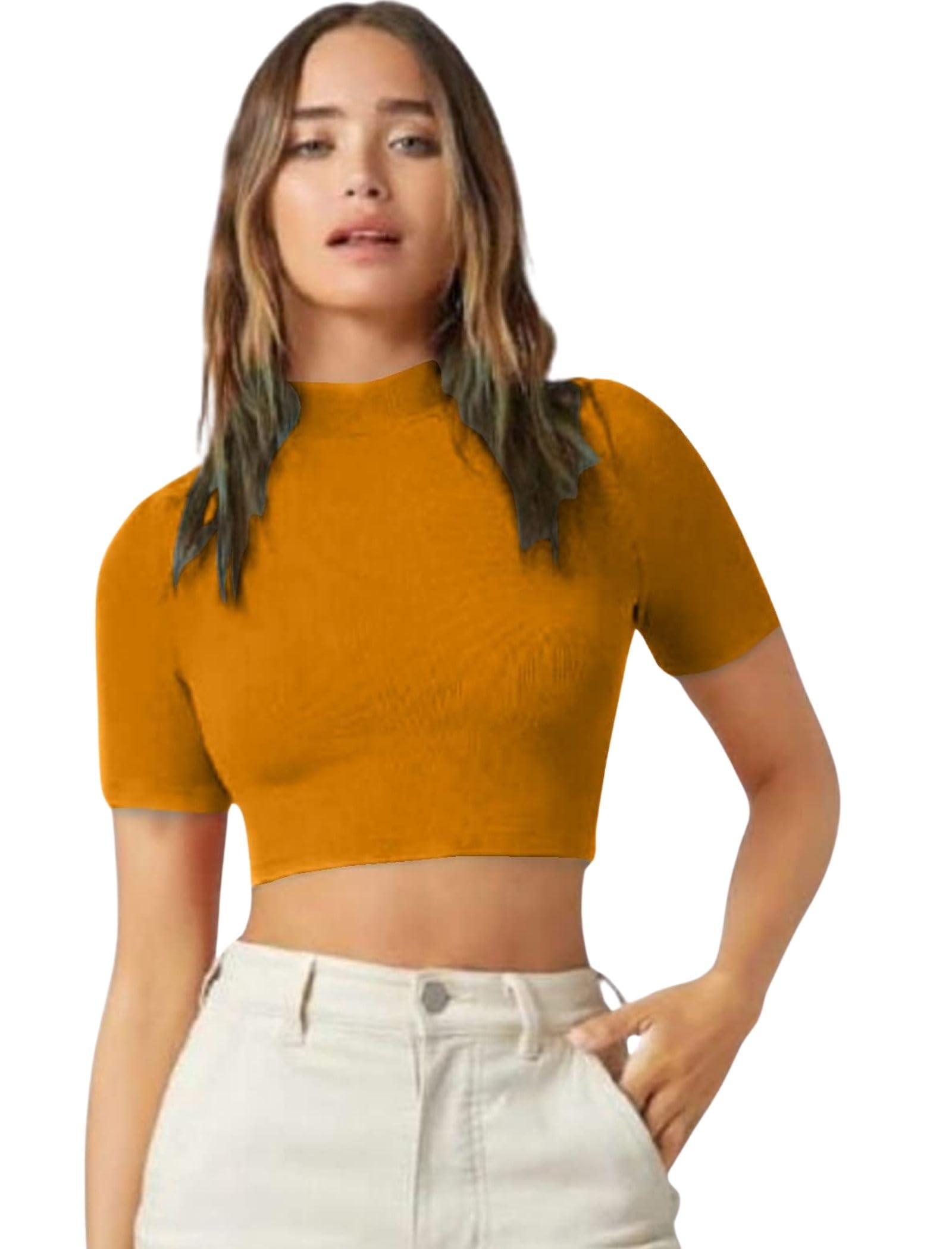navyankaa Women’s Mock Neck Crop Top – Stretchable Half Sleeve Slim Fit Solid Ribbed T-Shirt for Casual 17" Inch-picture-11