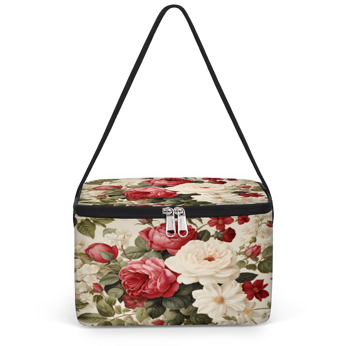 GzLeyigou Red White Roses Lunch Bags for Women Men 9 Cans, Hot & Cold Food Delivery Bag Insulated Grocery Bag Insulated Lunch Box Blossom Flowers Cooler Bag for Office Work Picnic Beach