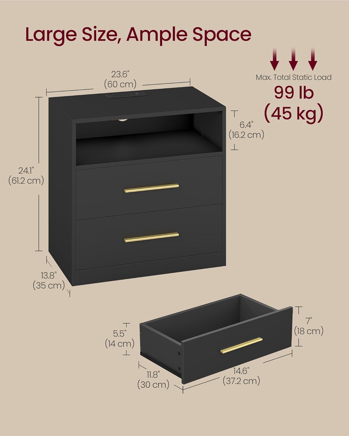 VASAGLE Custos Collection - 23.6 Inch Wide Nightstand with Charging Station, LED Lights, Modern Night Stand, Side End Table with Drawers, Open Shelf, 2 AC Outlets USB Ports, Ink Black