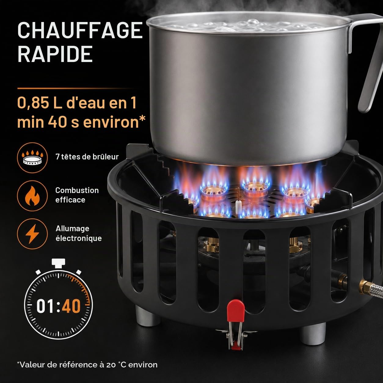 Réchaud de camping 21000 W, portable, avec 3 adaptateurs pour propane et butane, cuisinière à gaz d'extérieur légère avec allumage électronique, idéal pour les randonnées, la randonnée et le camping
