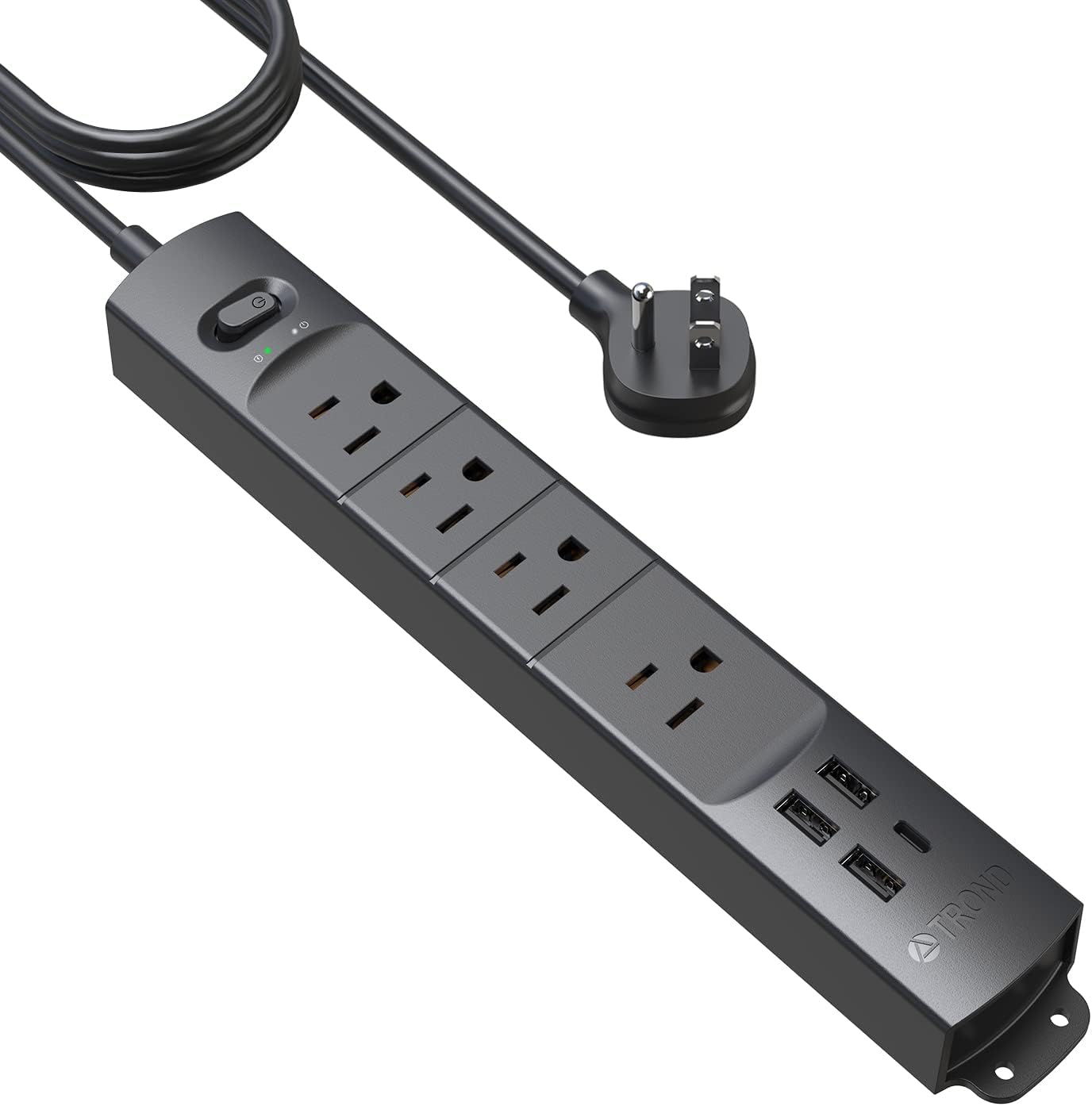 TROND 10ft Long Extension Cord USB C, Thin Flat Plug Power Bar Surge