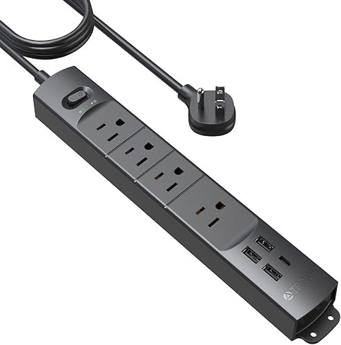 TROND Regleta de protección contra sobretensiones con USB, enchufe plano ultrafino de 10 pies de largo, cable de extensión de 1625 W, 3 USB A y 1