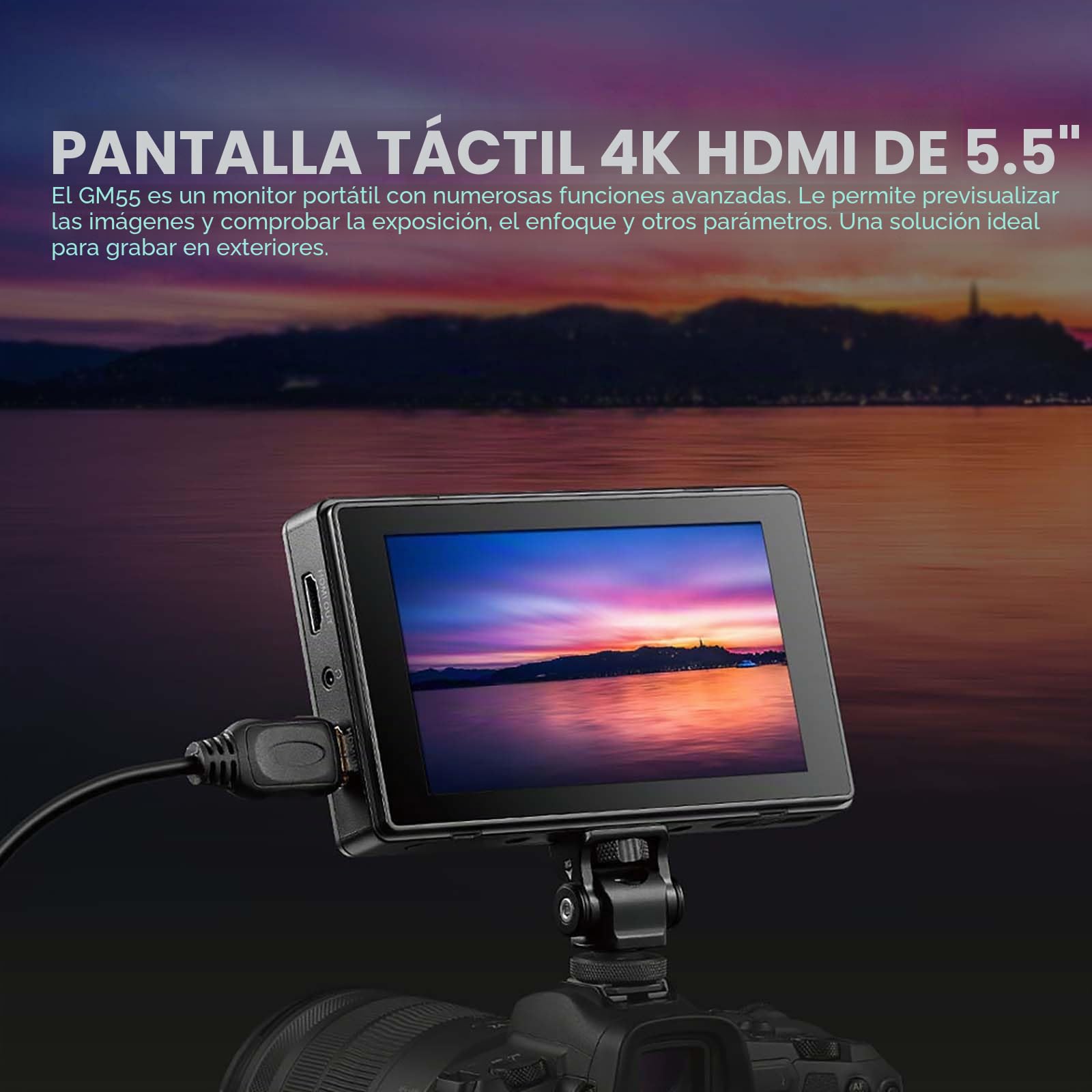 GODOX GM55 4K HDMI Video Monitor 5.5" táctil, Monitor de cámara con 3D LUT, Pantalla táctil IPS de 1920x1080 para cámara DSLR Sony Canon Fujifilm *Este Producto no Incluye baterías