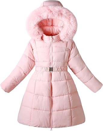 Kids Girls Fur Collar Hooded Dress Coats Winter Warm Parka Long Puffer Jackets