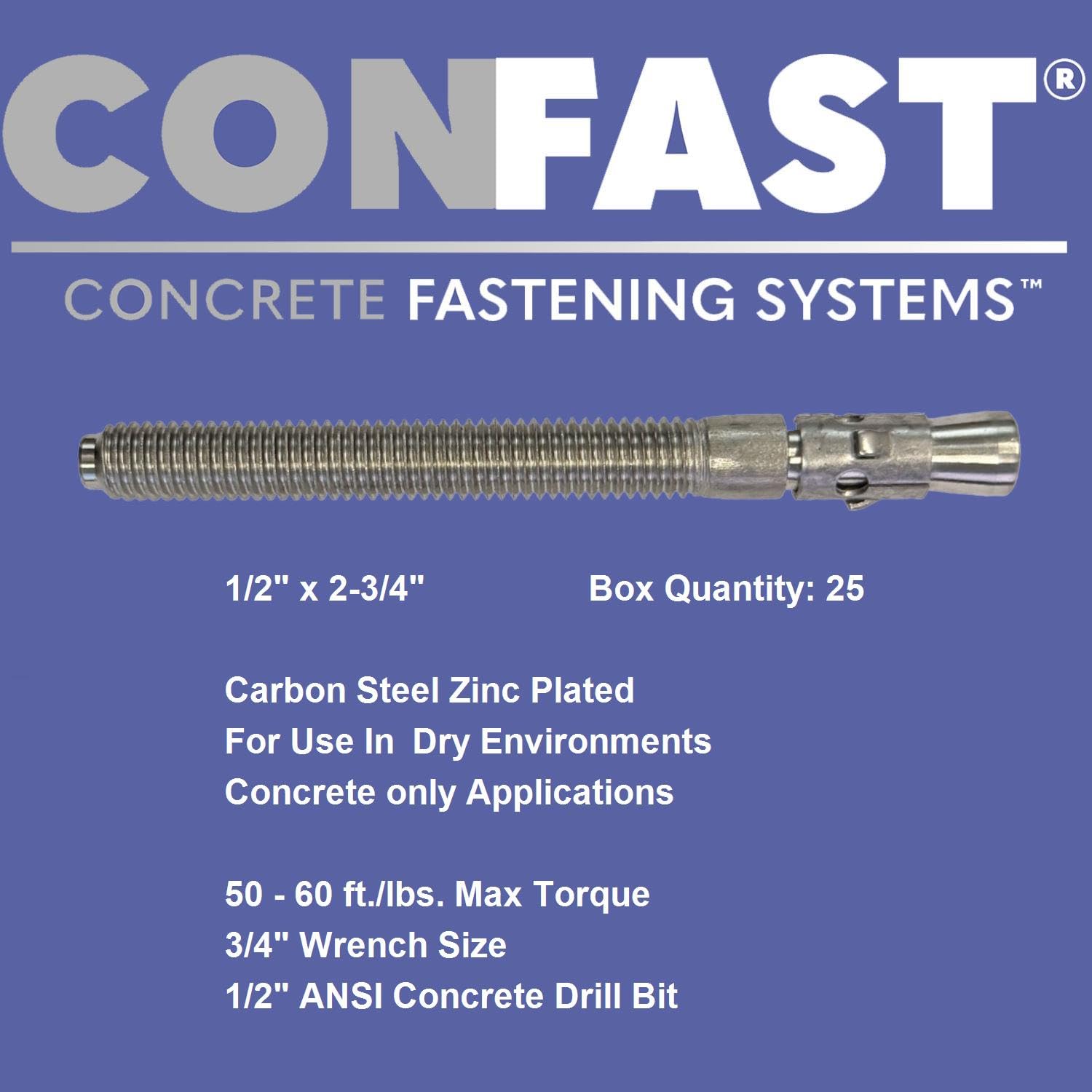 Confast 1/2" X 2-3/4" cuneo Ancoraggio zincato (confezione da 25)