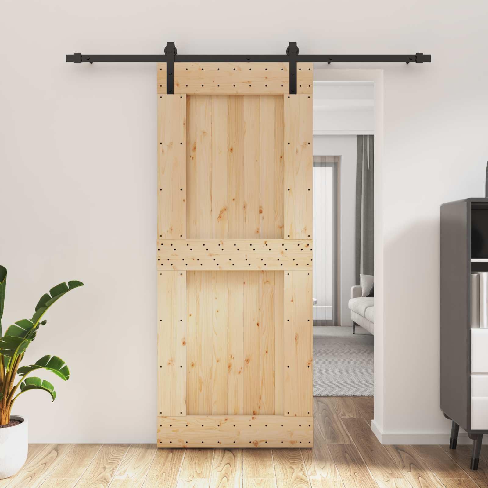 Porte coulissante en pin massif noir et naturel 85x210 cm avec son rail en acier robuste
