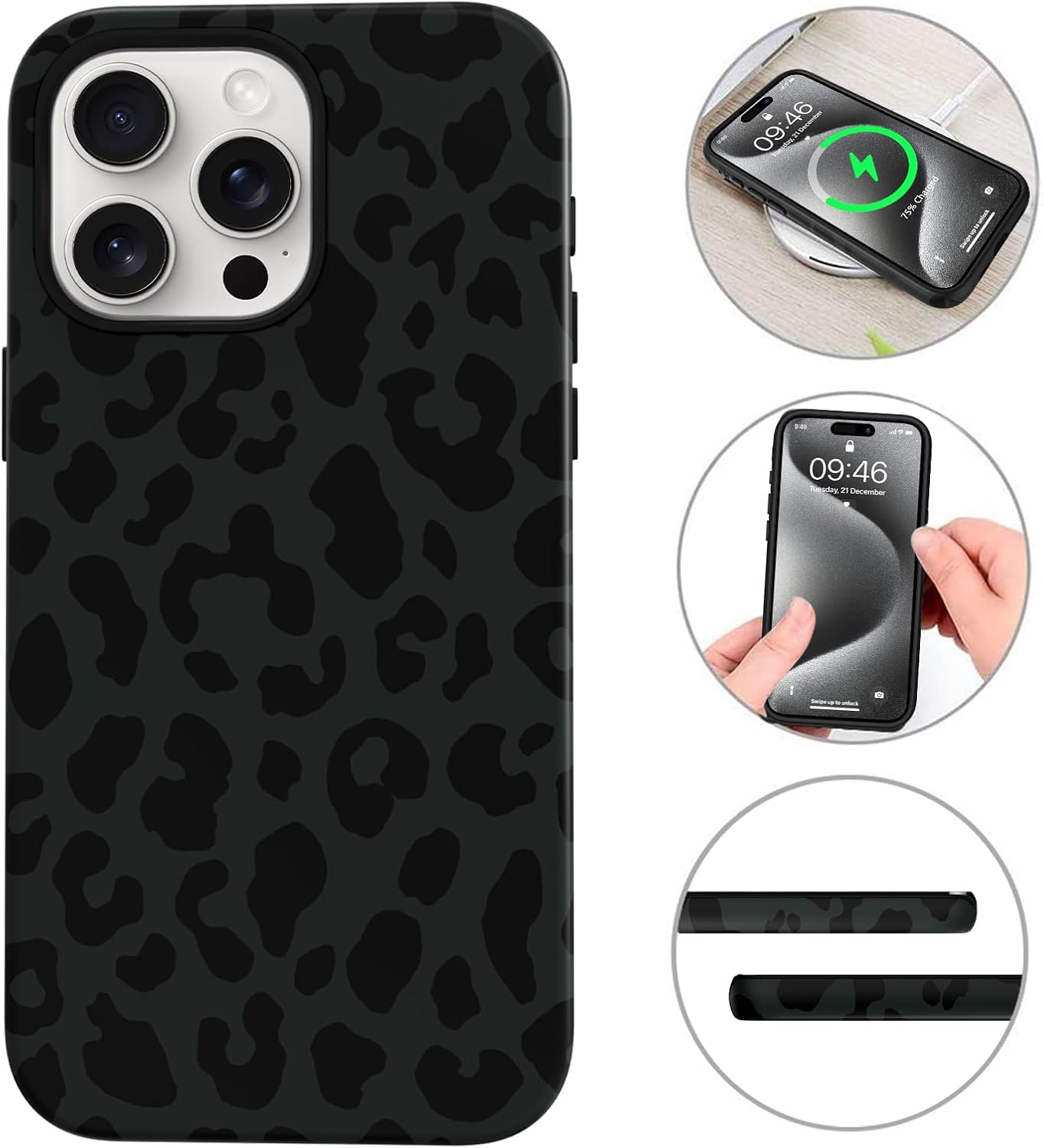 MZELQ Magnetic for iPhone 15 Pro Case 6.1 Inch, Black Leopard Cheetah Pattern [Compatible with Magsafe Charging] 2 in 1 Matte Shockproof Protection Hard Phone Cover for Women Men