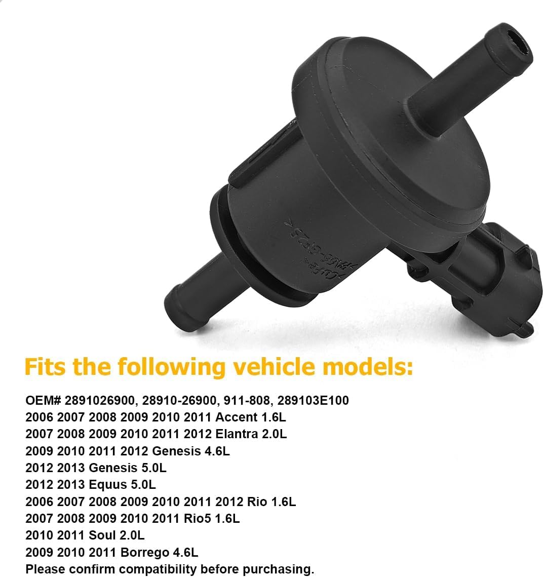 2891026900 Vapor Canister Purge Valve, 911-808 28910-26900 EVAP Canister Vent Solenoid Fit For Hyundai 2006-2014 Accent Elantra Equus Genesis Kia Soul Rio 5 Borrego 1.6L 2.0L 4.6L 5.0L - View #6