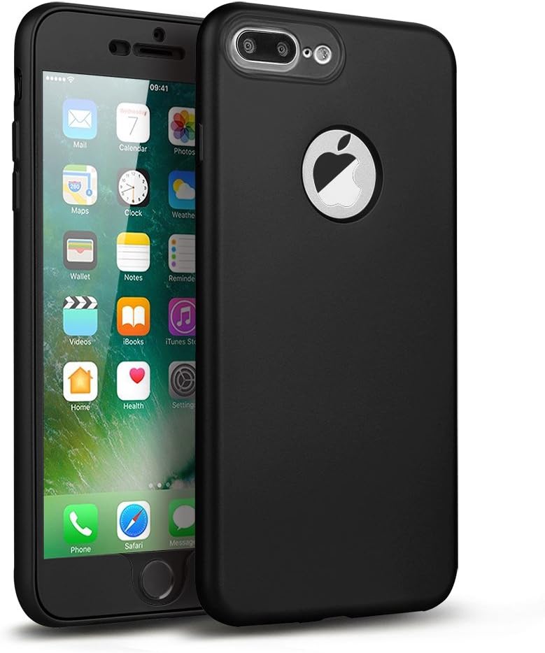 iPhone 7 Plus Case, Monova Ultra Slim Fit 360 Degree Full Body Protection Cover Fingerprint Resistant Soft Flexible Matte TPU Case with [Free Tempered Glass Screen Protector] for iPhone 7 Plus [Black]