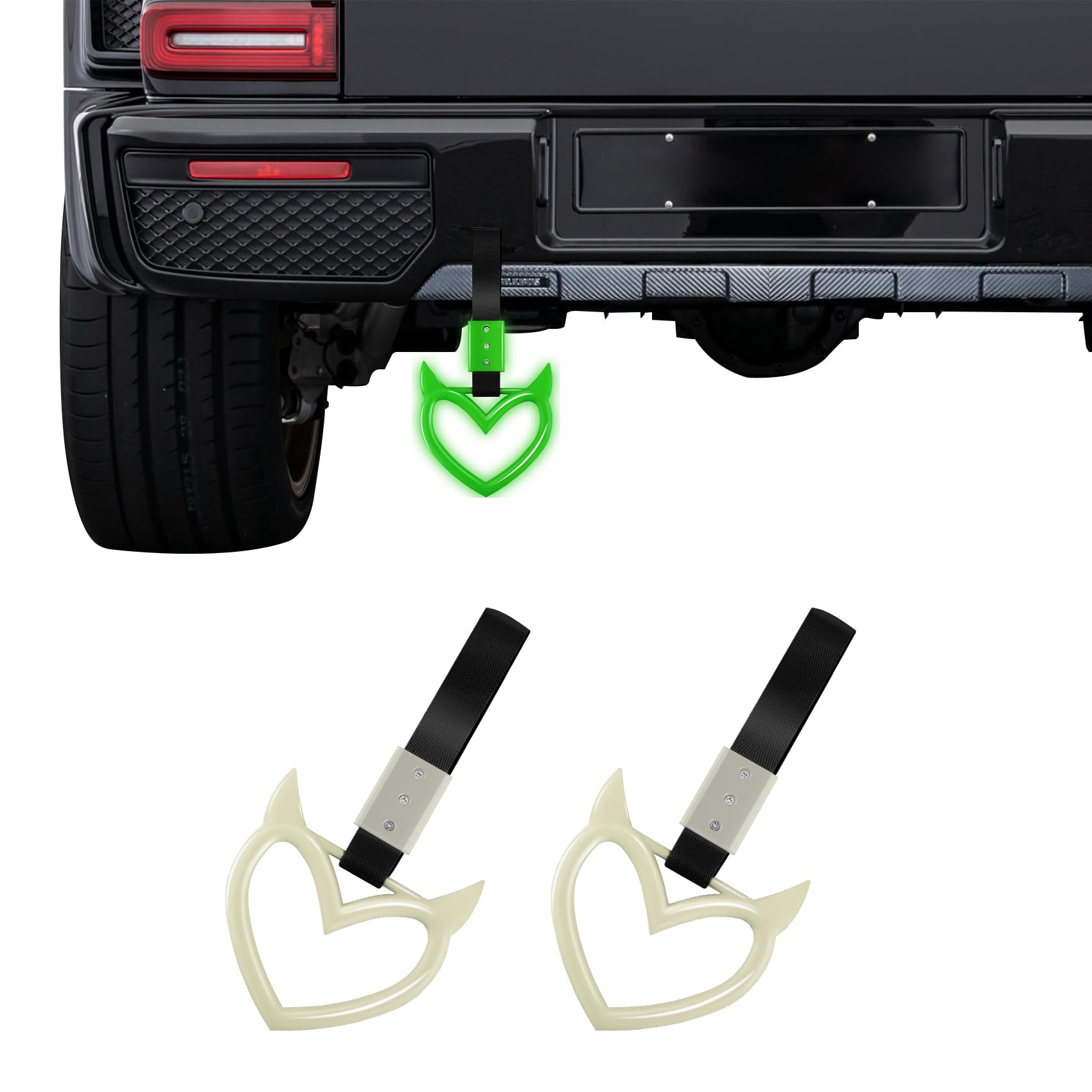 2PCS Devil Heart Handle Ring, Heart Hand Strap Drift Charm, Cute Heart-Shaped Warning Loops, Easy Installation Rear Bumper Warning Ring Decor, Interior Decoration for Car (Night Lights)