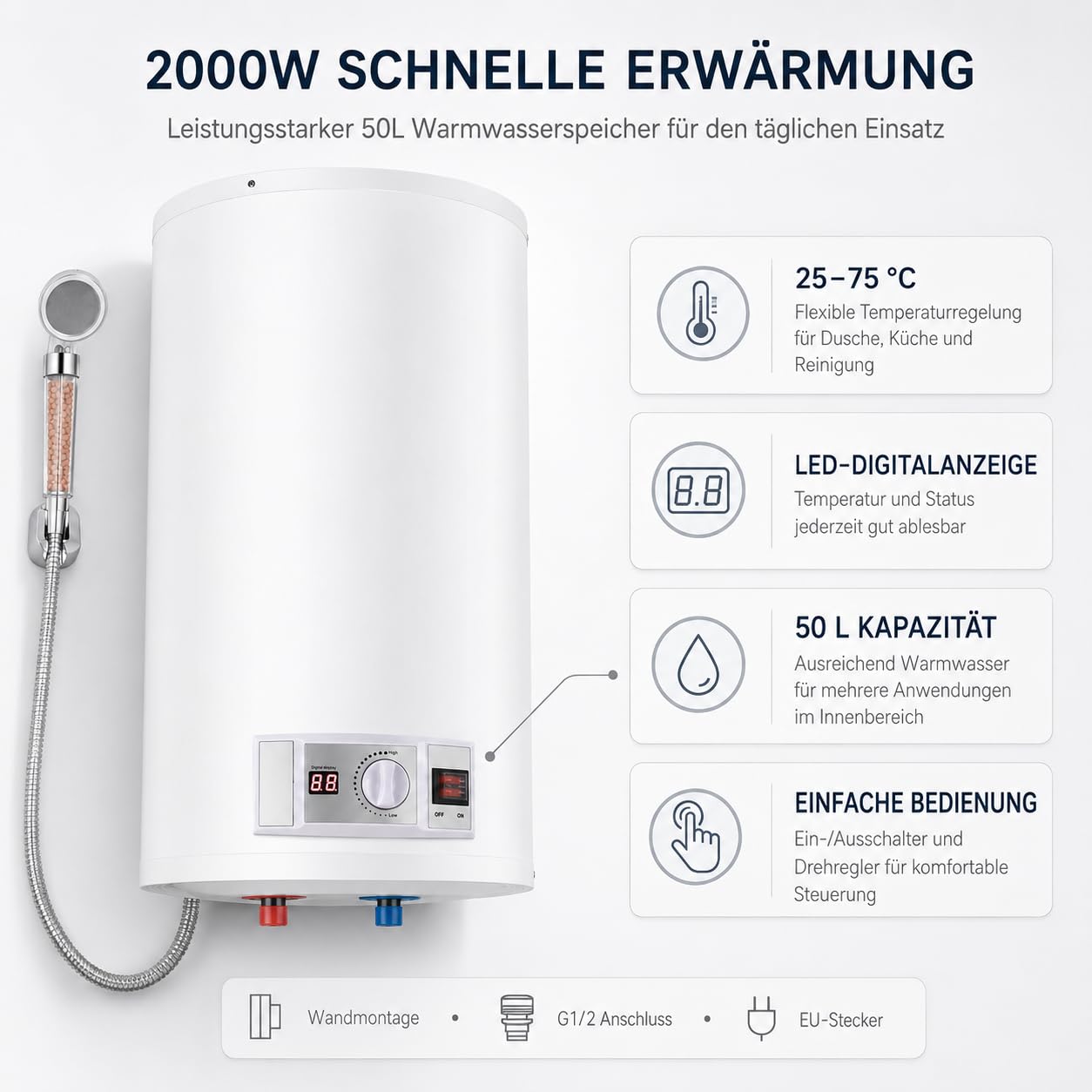 Serbatoio acqua calda elettrica da 50 l, potenza di riscaldamento 2000 W e termometro, risparmio energetico, scaldabagno, scaldabagno