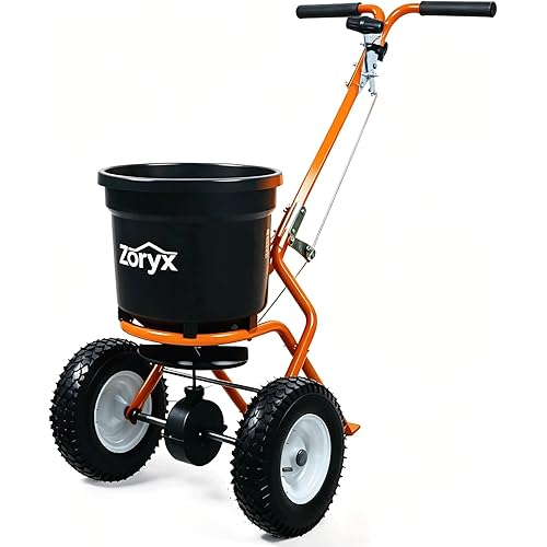 ZORYX 50LB Walk-Behind Broadcast Spreader, Heavy Duty Push Spreader for Fertilizer, Seed, Salt, Ice Melt, 13Melt13 Pneumatic Tires, Adjustable Flow, Anti-Clog Hopper w/Rain Cover